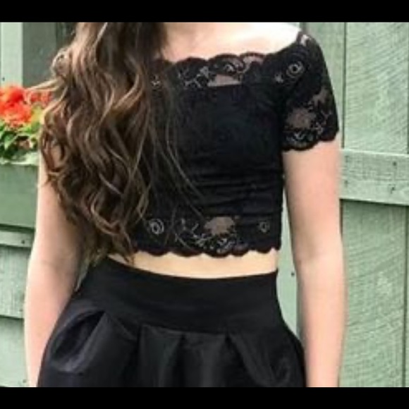 YaYa & Co boutique black fancy stretch lace top and full satin skirt 2pc Small - Picture 2 of 6